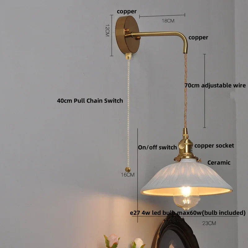 Ceramic Brass LED Wall Light Fixture Pull Chain Switch Bedside Sconce