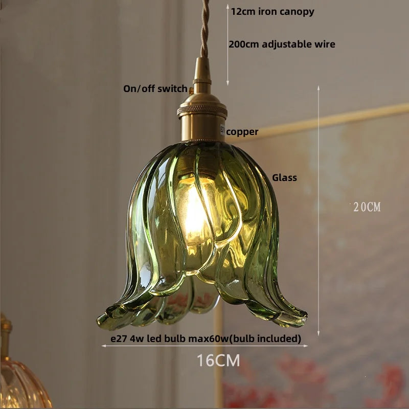 Afralia™ Nordic LED Flower Glass Pendant Light Fixture with Walnut Wood - Amber Glass