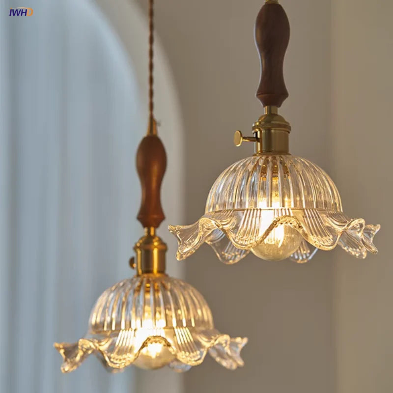 Modern Walnut Wood Glass Pendant Lights in Nordic Style