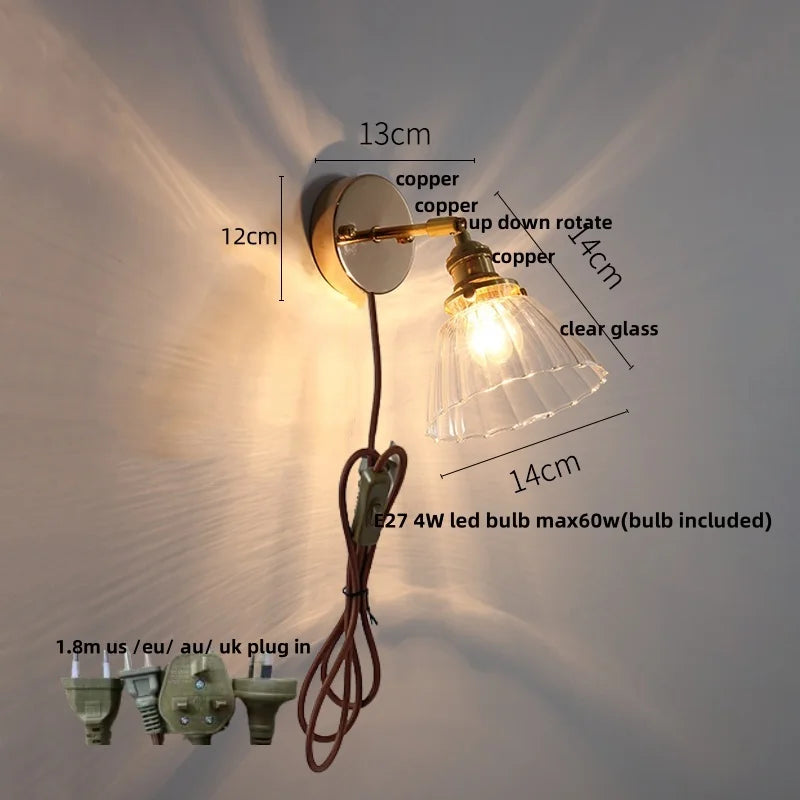 Rotatable LED Wall Sconce Clear Glass Reading Lamp with Pull Chain Switch