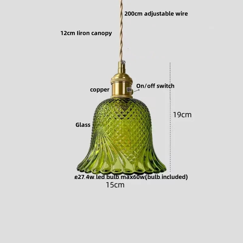 Walnut Wood LED Pendant Light Fixture with Glass Lampshade and Knob Switch