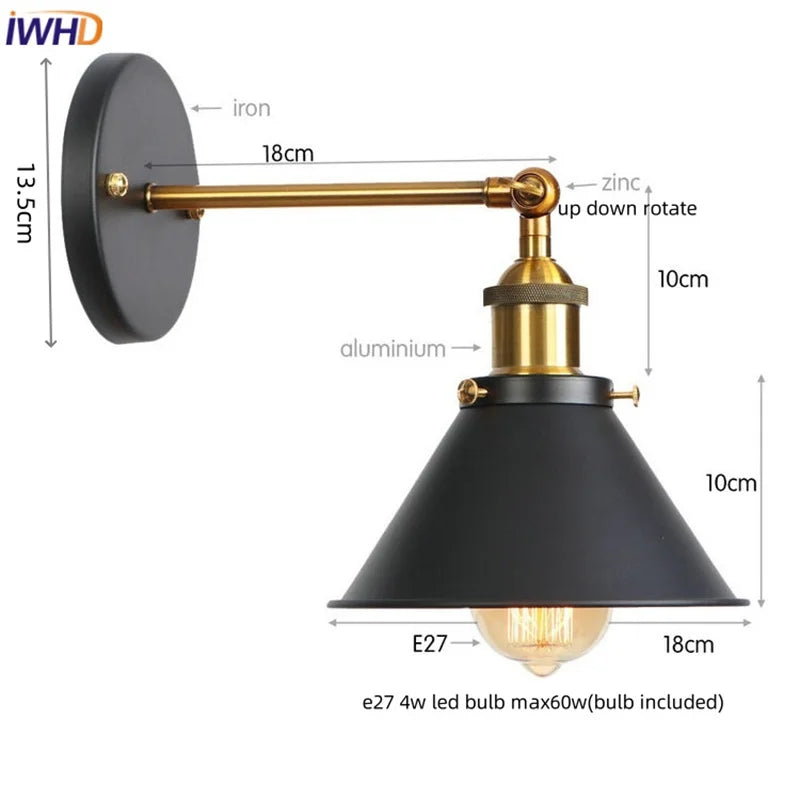 Gold Industrial LED Wall Lamp for Loft Stair & Bedroom Lighting