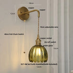 Smoke Gray Glass LED Wall Light Fixture Minimalist Pull Chain Switch Bedside Lamp