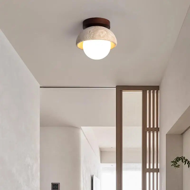 Yellow Cave Stone LED Ceiling Lamp Wood Canopy G9 White Glass