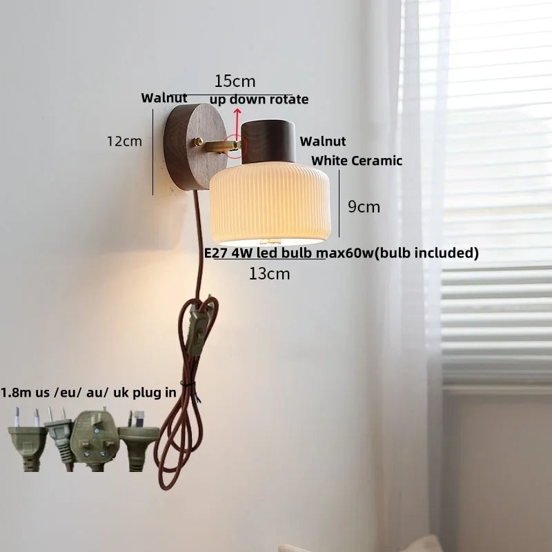 White Flower Ceramic LED Wall Sconce with Wood Base and Copper Rotate