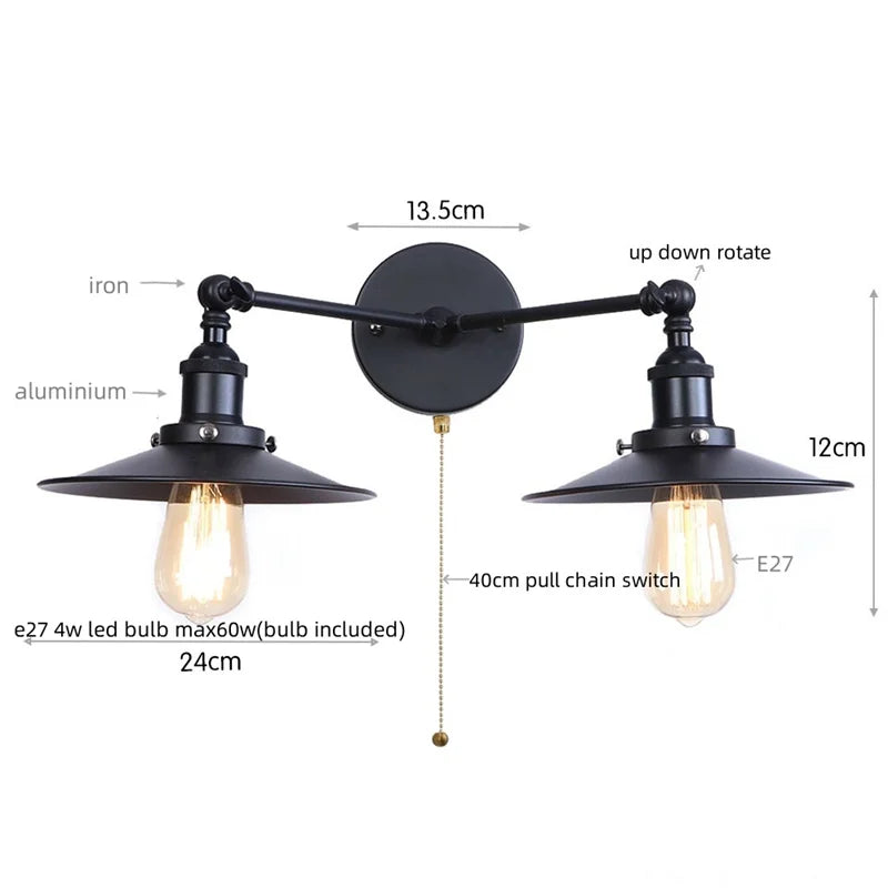 Adjustable Rustic LED Wall Lamp Antique Industrial Style Iron Vintage Lightings