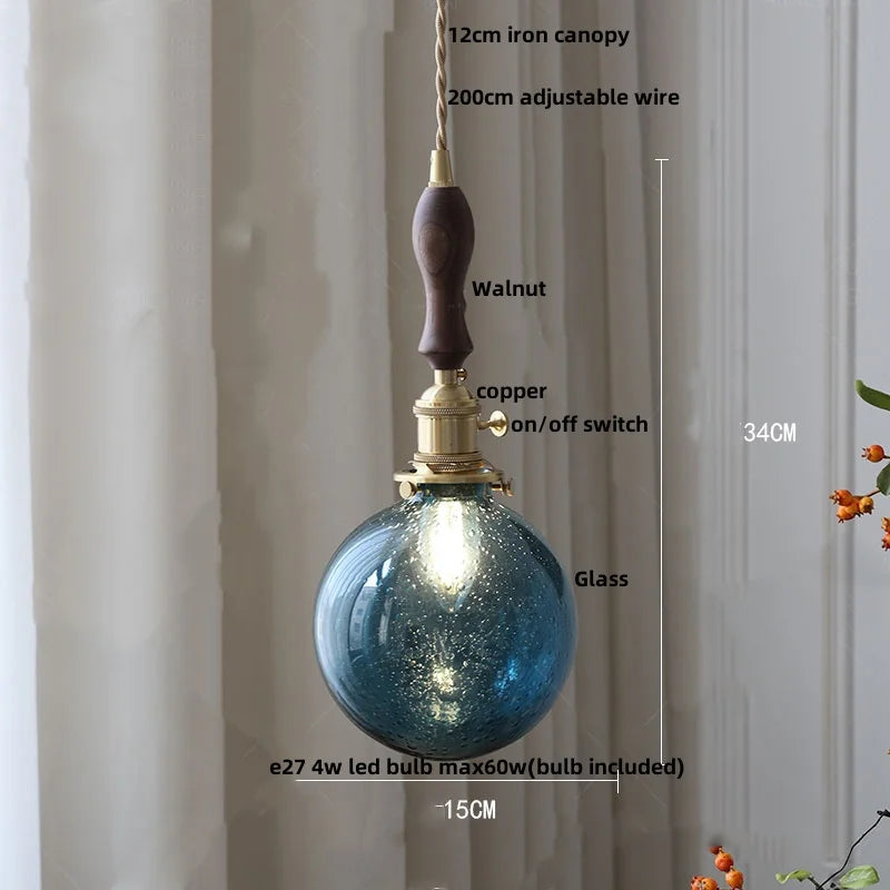 White Globe Glass LED Pendant Light Fixture with Walnut Wood, Adjustable, Nordic Modern Style