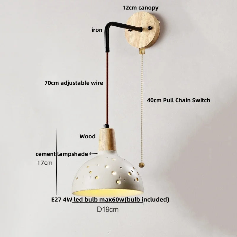 Adjustable Wall Lights Pull Chain Switch Wood Socket Cement Modern Bedside Lamp