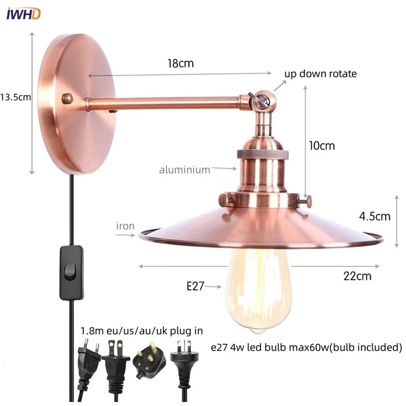 Loft LED Wall Lamp Gold Pull Chain Switch Industrial Luminaire