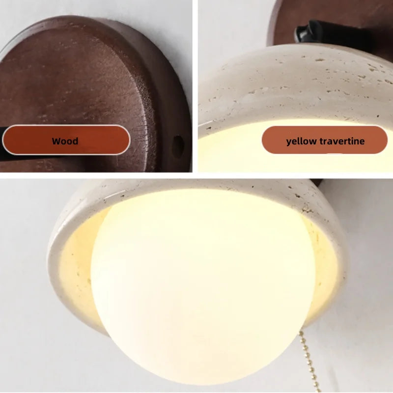 Yellow Travertine LED Wall Light with Pull Chain Switch, Nordic Modern Glass Wood Lamp