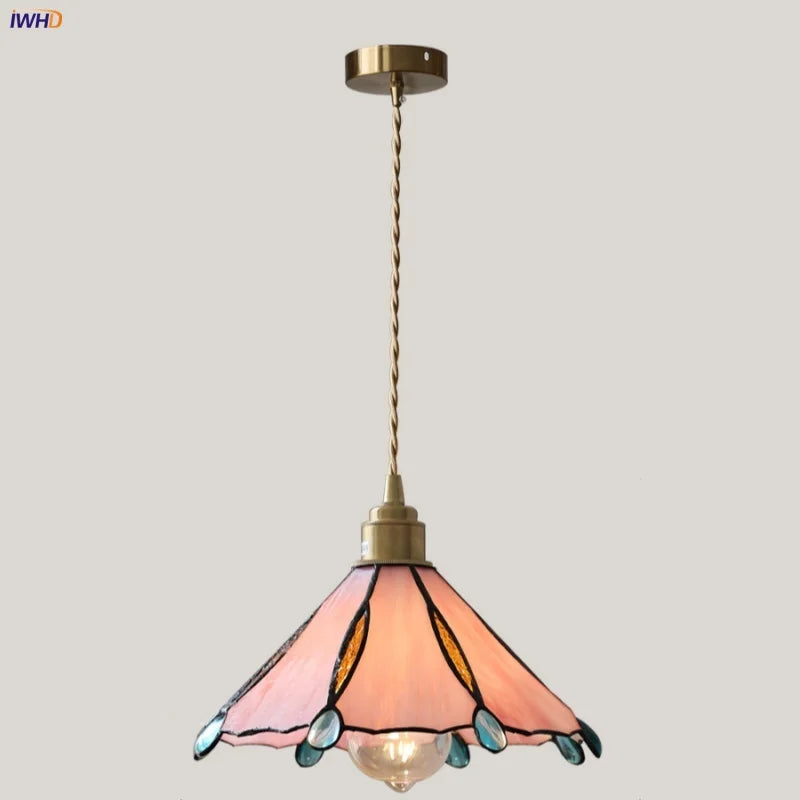 Pink Glass LED Pendant Light Fixture Vintage Style Loft Kitchen Hanging Lamps