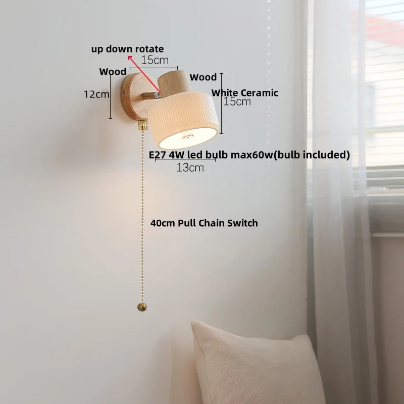 Afralia™ White Ceramic LED Wall Light with Pull Chain Switch and Wood Base