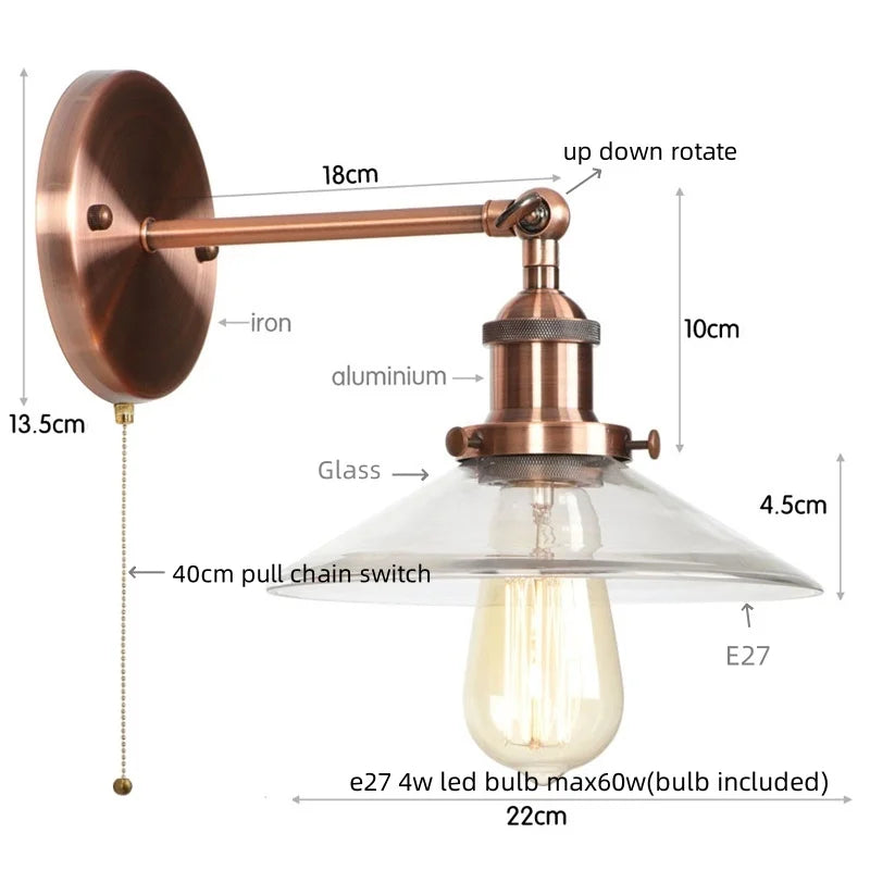 Vintage Industrial LED Wall Sconce with Clear Glass, Artistic Light Fixture