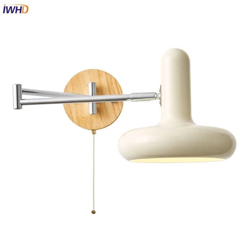 Rotating LED Wall Sconce with Pull Chain Switch, Wood Base Bedside Lamp