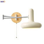 Rotating LED Wall Sconce with Pull Chain Switch, Wood Base Bedside Lamp
