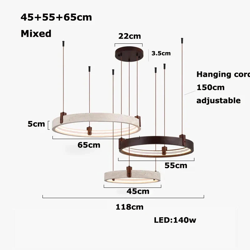 Natural Stone Wood Ring LED Chandelier for Dining & Living Room