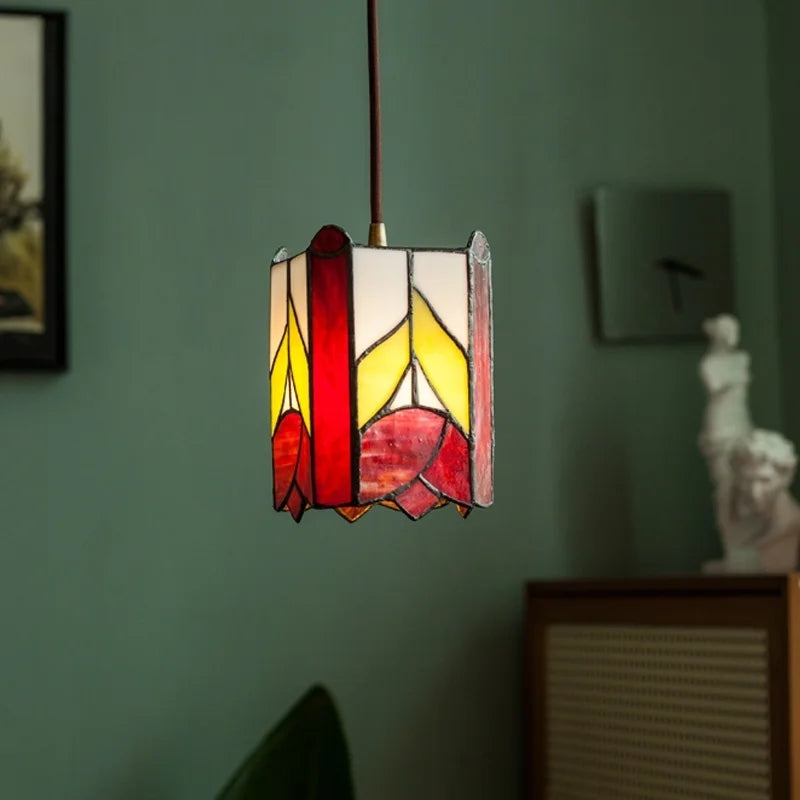 Tiffany Glass Pendant Light for Dining Room, LED Colorful Hanging Lampshade