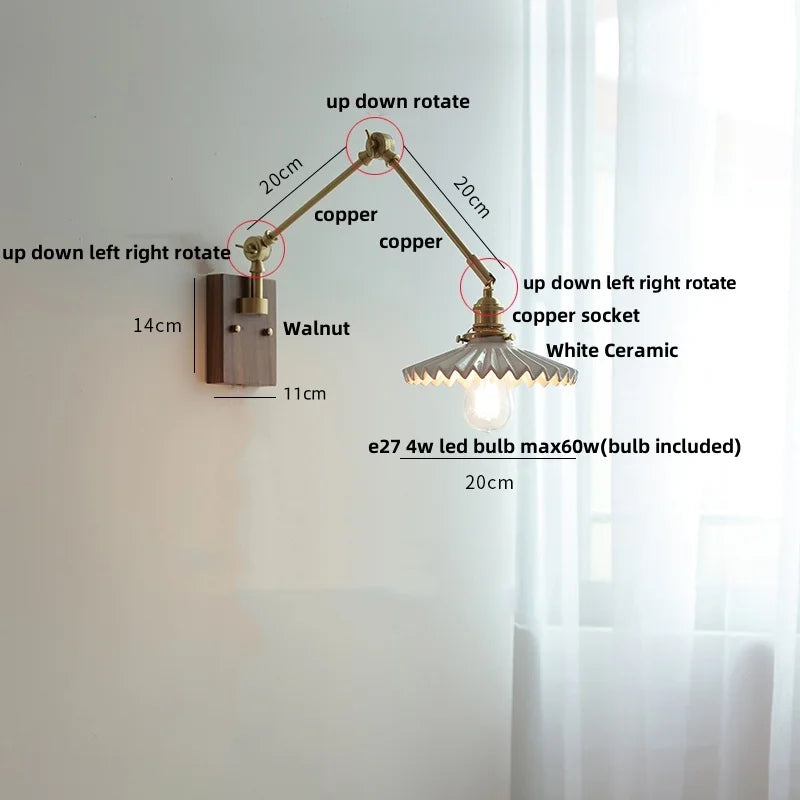 White Ceramic LED Wall Light Nordic Modern Copper Rotatable Bedside Lamp