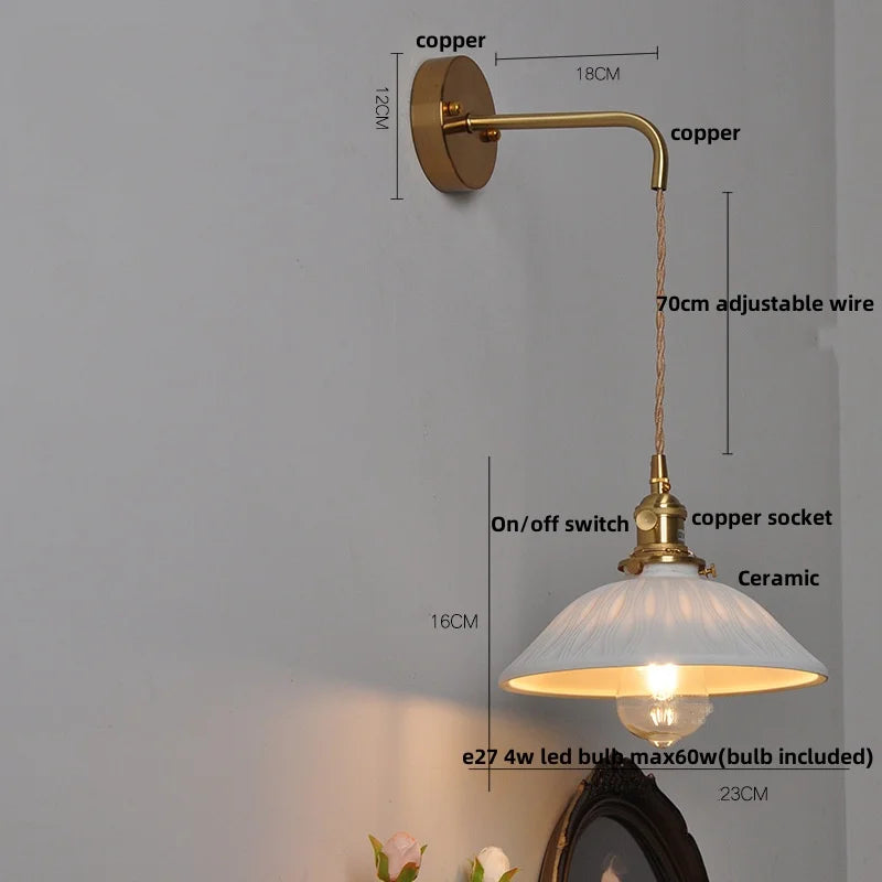 Ceramic Brass LED Wall Light Fixture Pull Chain Switch Bedside Sconce
