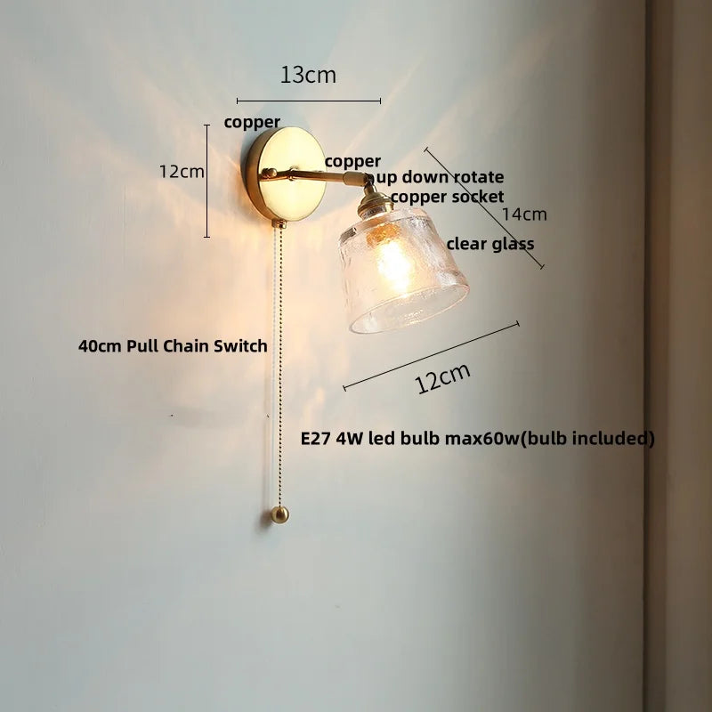 Rotatable LED Wall Sconce Clear Glass Reading Lamp with Pull Chain Switch