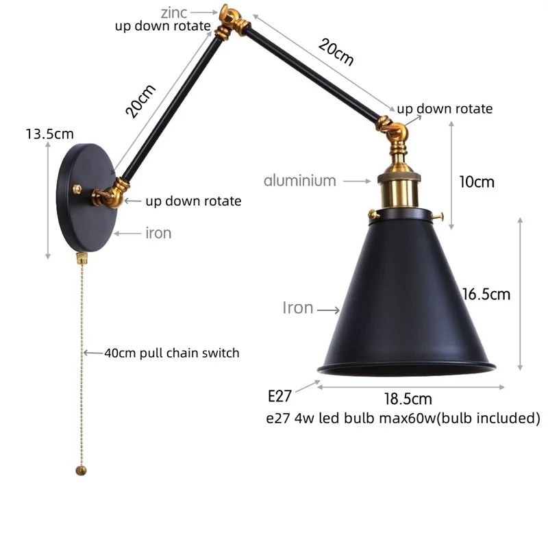 Vintage Iron Gold LED Wall Lamp with Long Arm and Pull Chain Switch