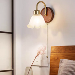 Afralia™ LED Wall Light Glass Fixture Pull Chain Switch Wood Bedside Sconce
