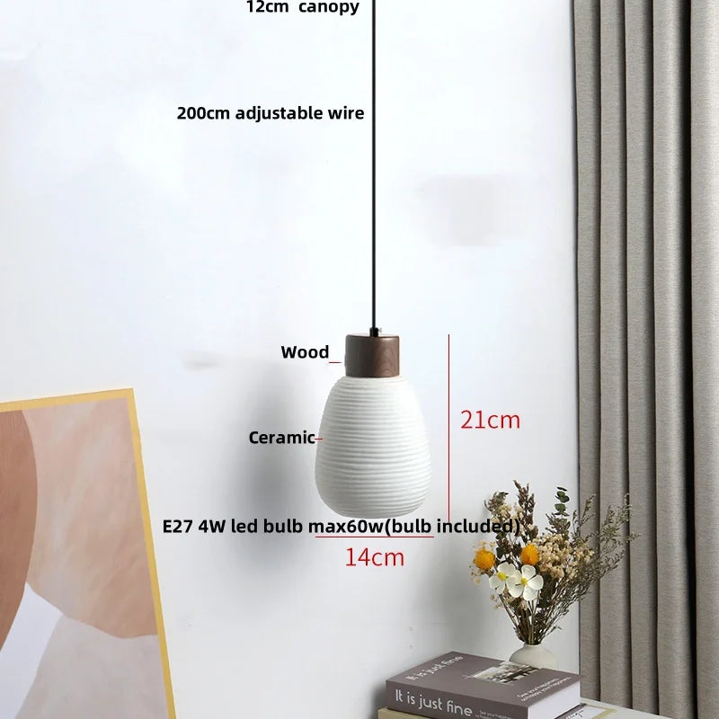 Wood LED Pendant Lamp White Ceramic Ball Hanging Lights