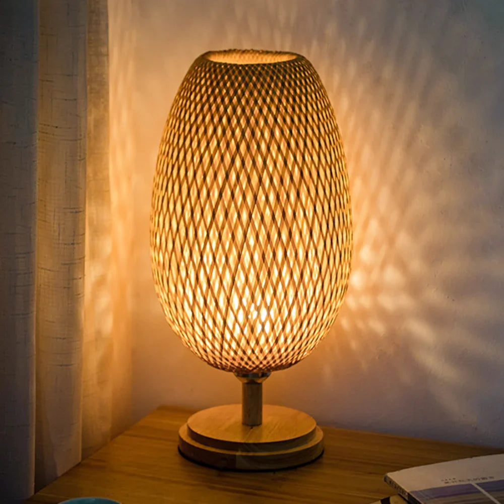 Handcrafted Bamboo Table Lamp with Wood Rattan Lampshade