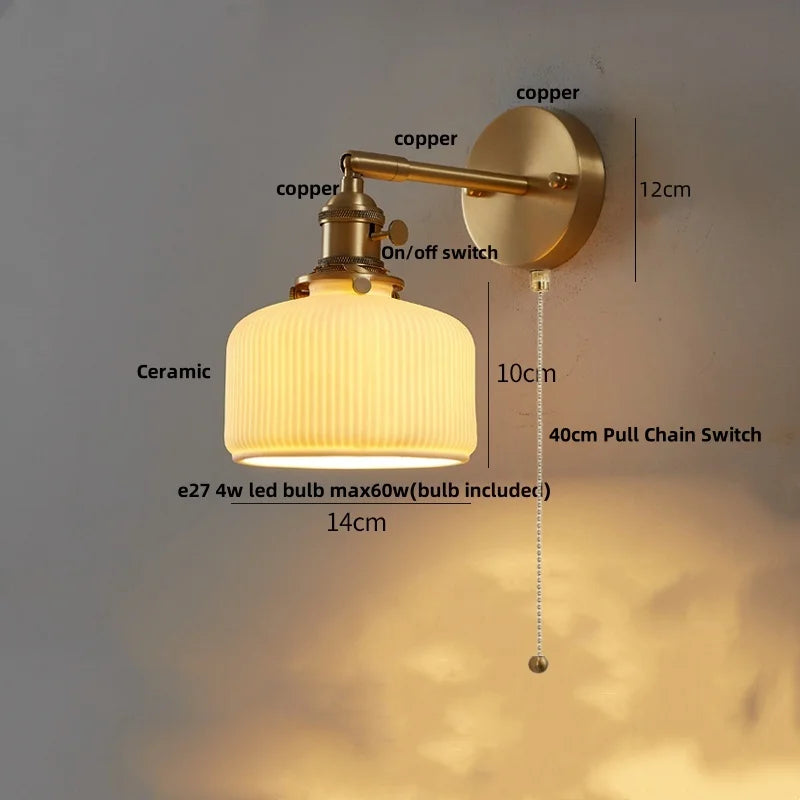 Ceramic LED Wall Sconce with Walnut Wood Pull Chain Switch - Nordic Style