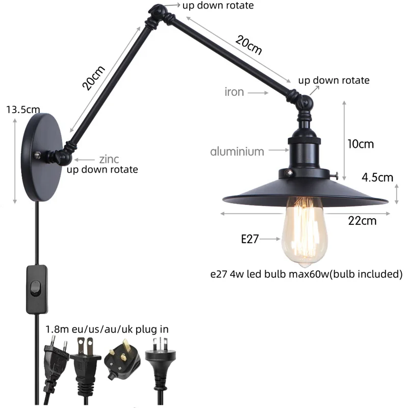 Black Iron LED Wall Light Fixture Industrial Vintage Adjustable Long Arm