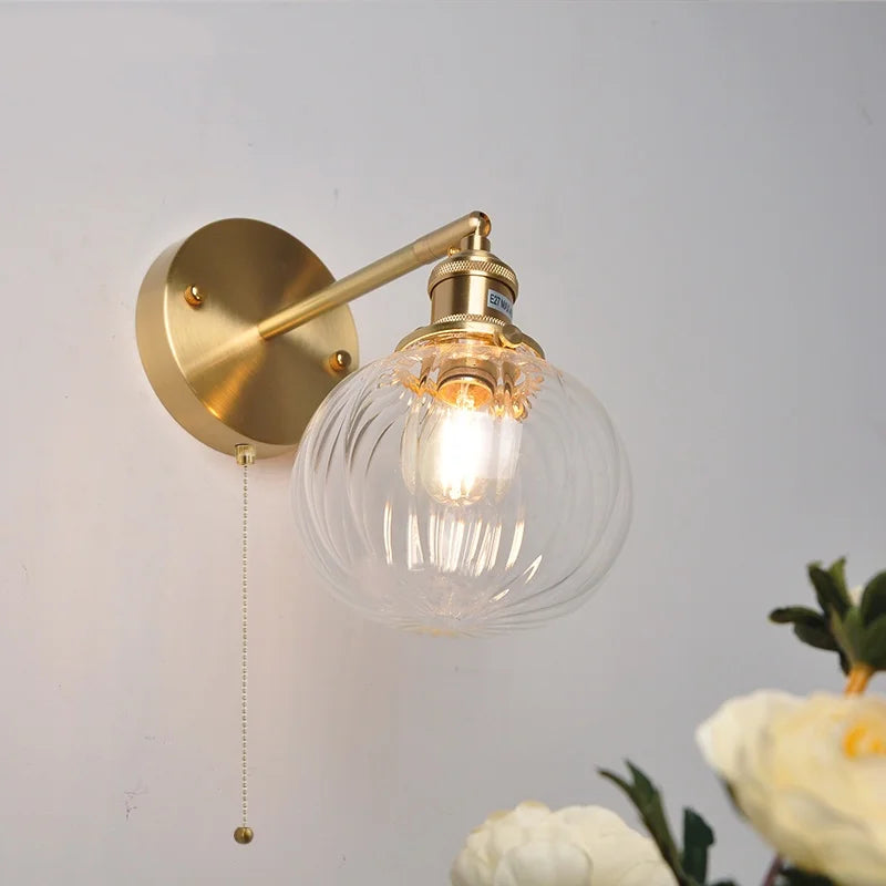 Nordic LED Glass Wall Light Fixture with Pull Chain Switch - Modern Rotating Bedside Lamp