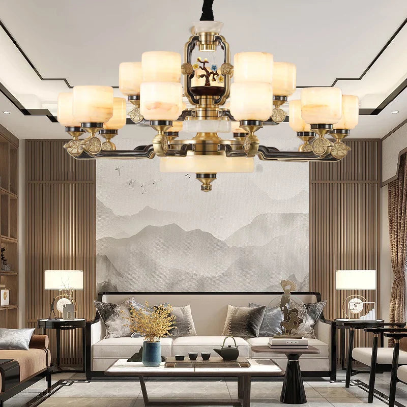 Copper Jade Duplex Chandelier: Chinese Villa Hall Lighting for Hotel Lobby & Living Room