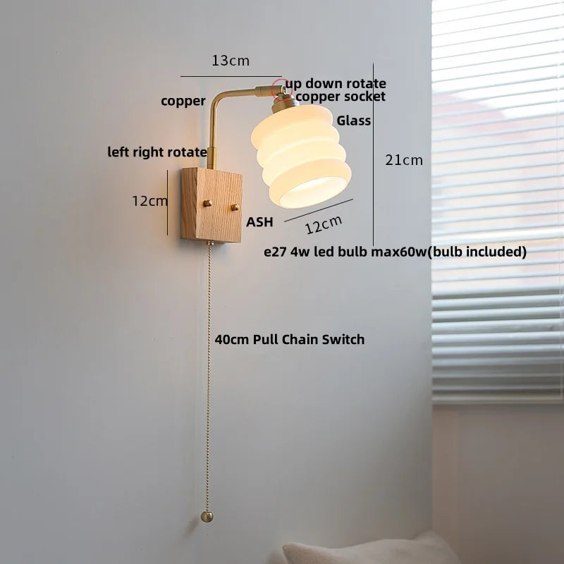 Walnut Ash LED Wall Sconce Rotatable White Glass Stair Light Fixtures