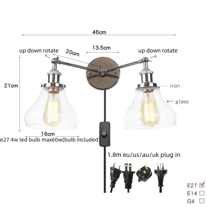 2 Head LED Wall Lamps Iron Glass Bedroom Stair Light Fixtures
