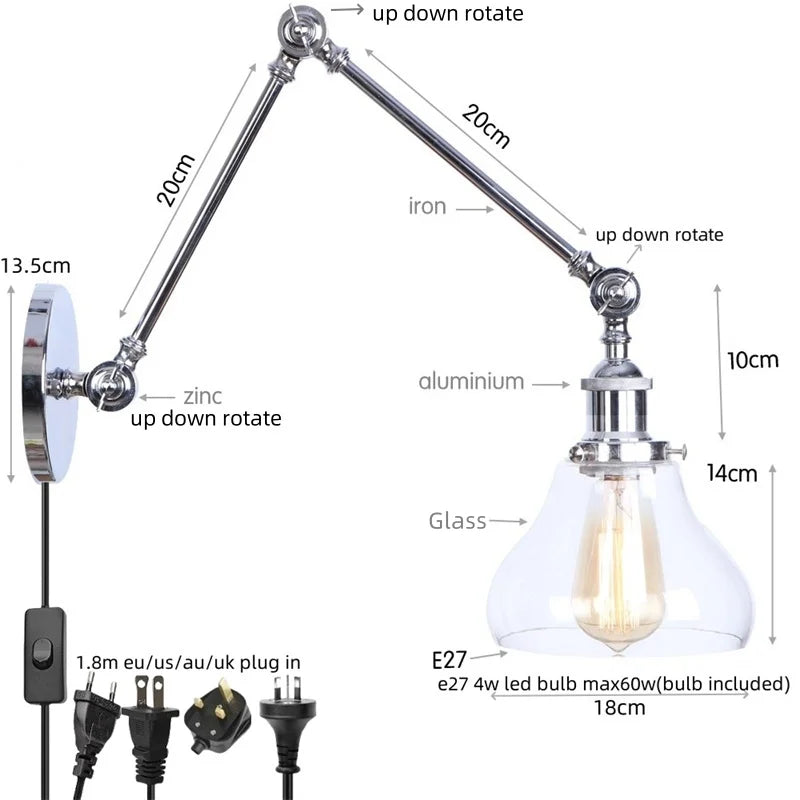 Vintage Loft LED Wall Lights Pull Chain Switch Glass Chrome Wall Lamp