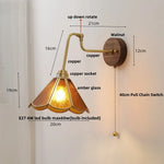 Rotating Copper LED Wall Light with Pull Chain Switch and Walnut Base