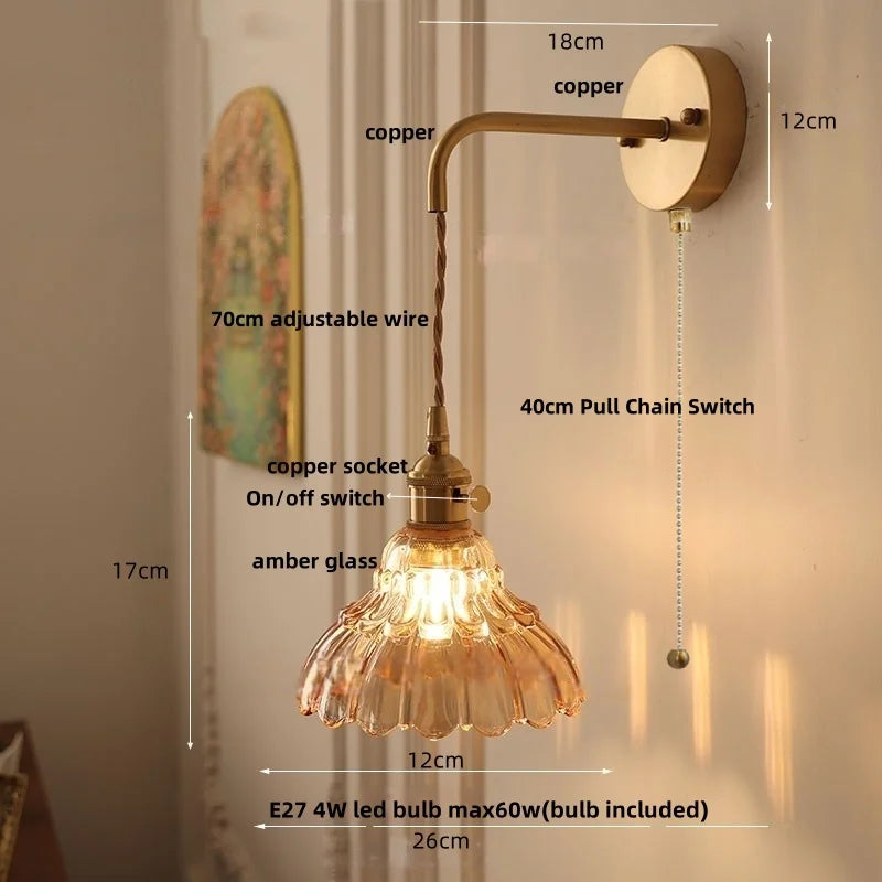 Amber Glass LED Wall Sconce, Brass Finish, Adjustable Wire, Modern Nordic Style