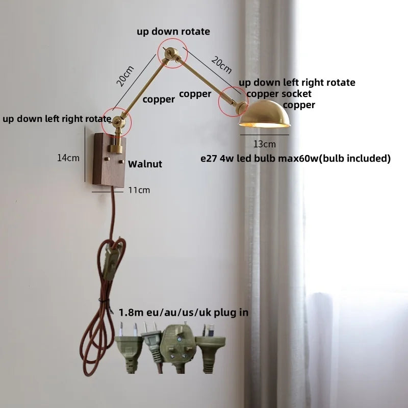 Walnut Copper Swing Arm LED Wall Light Fixture for Nodic Home Decor
