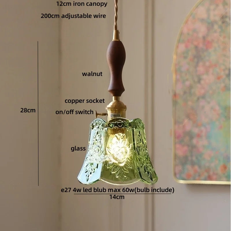 Afralia™ Green Glass LED Pendant Lamp | Modern Nordic Wood Walnut | Brass Knob Switch | Hanging Light