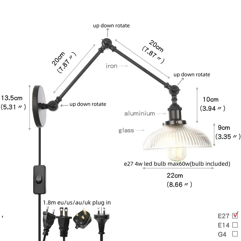 Black Vintage Wall Lamp White Glass Industrial Swing Arm Adjustable Bedside