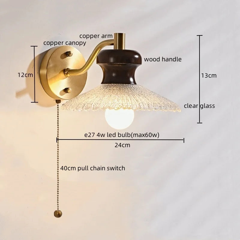 Wood Handled Copper Arm LED Wall Light - Vintage Bedside Lamp