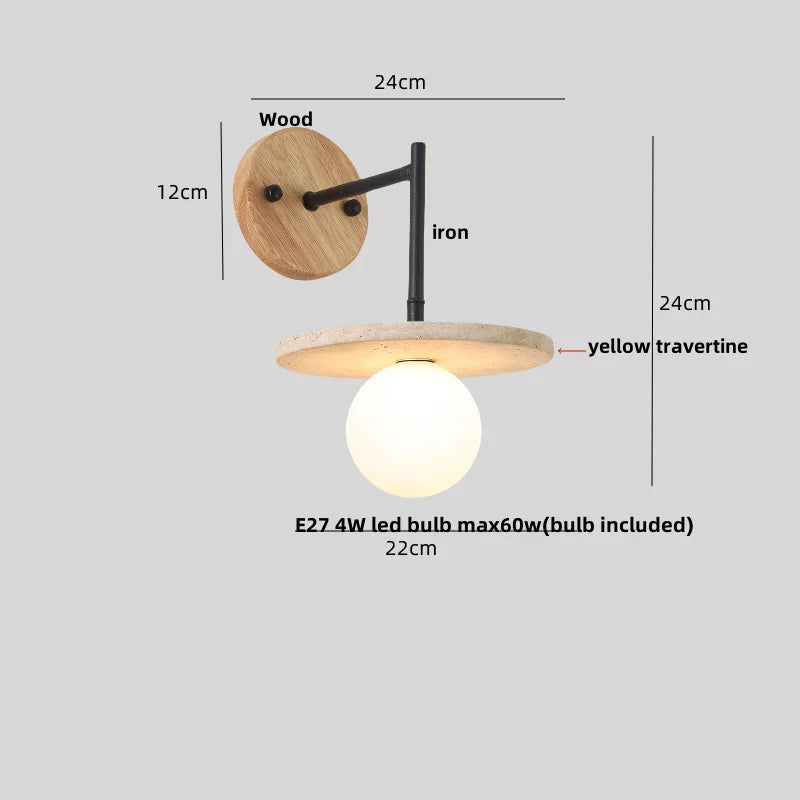 Japanese LED Wall Lamp, Pull Chain Switch, Yellow Travertine Glass, White Shade
