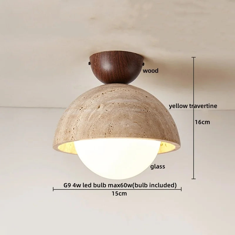 Yellow Travertine Stone LED Ceiling Light Fixture White Glass Ceiling Lamp