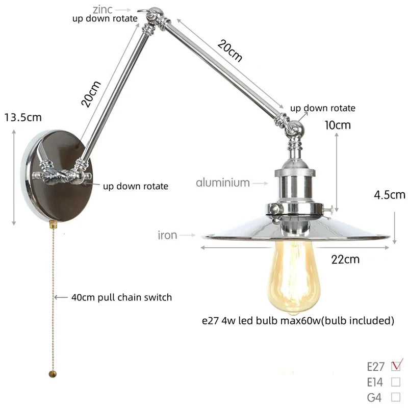 Vintage Industrial Long Arm Adjustable LED Wall Sconce Pull Chain Switch Bedside Lamp
