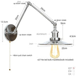 Vintage Industrial Long Arm Adjustable LED Wall Sconce Pull Chain Switch Bedside Lamp