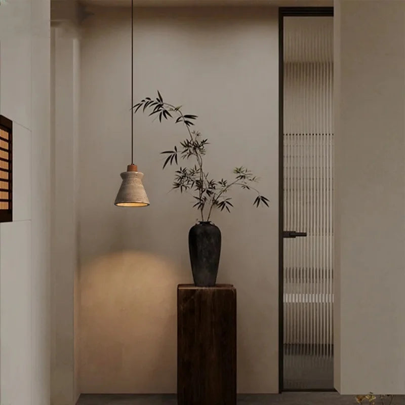 Stone LED Pendant Light: Nordic Modern Yellow Travertine Fixture for Living Dining Hallway