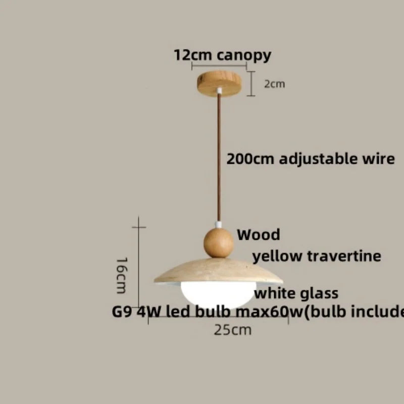 Yellow Travertine Wood Canopy Pendant Lights - Japanese Style Adjustable Globe LED Hang Lamp