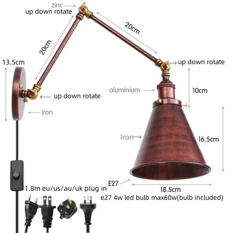 Silver Iron LED Swing Arm Wall Lights, Industrial Style, Plug-In, Stair & Bedside Lamp
