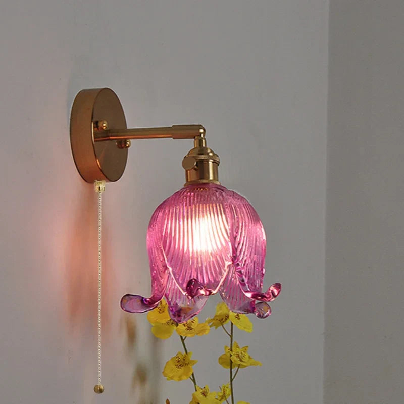 Vintage Glass Wall Sconce - LED Pull Chain Switch Up Down Rotate Wall Lamp
