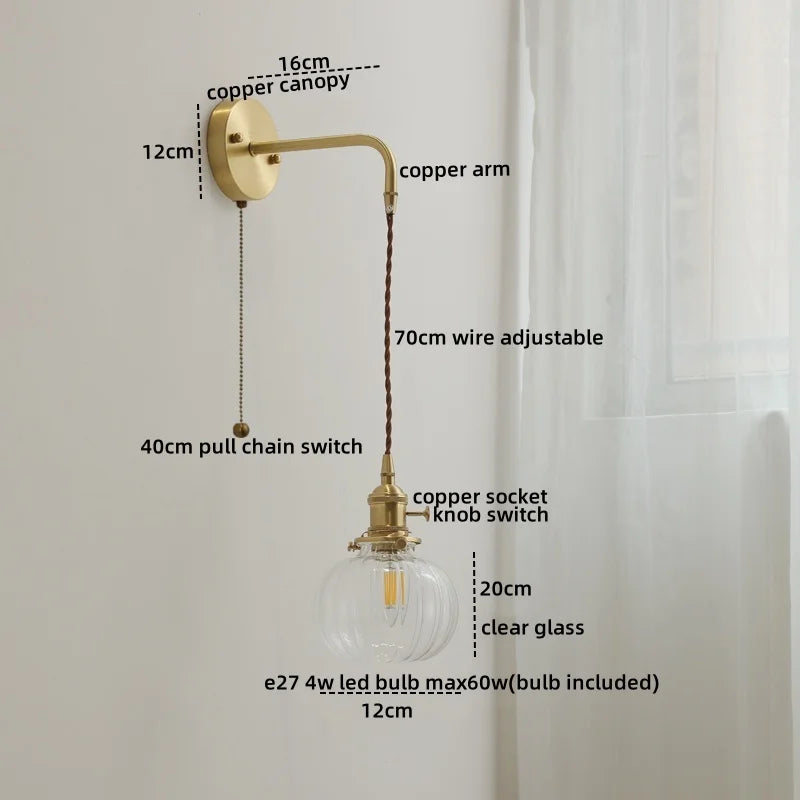 Glass Copper LED Wall Lights with Knob Switch, Modern Bedside Lamp